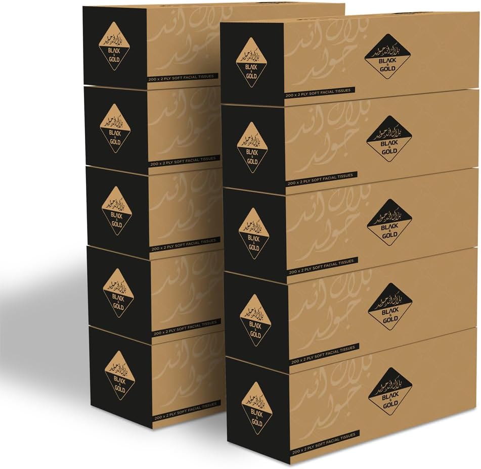 Nice Touch Facial Tissue Black & Gold 200 Sheets 10 Pcs + Facial Tissue Black & Gold 200 Sheets Poly 5 Pcs — front product image