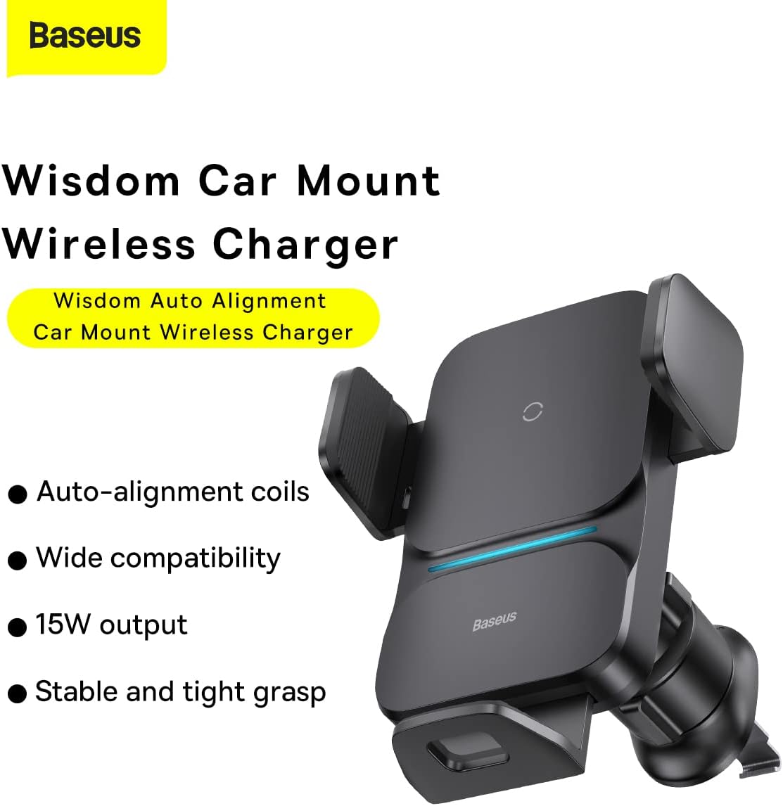 Baseus Auto Alignment 15W Max Wireless Charger Car Phone Holder Qi-Certified — 360°-Wireless-Wisdom — Black