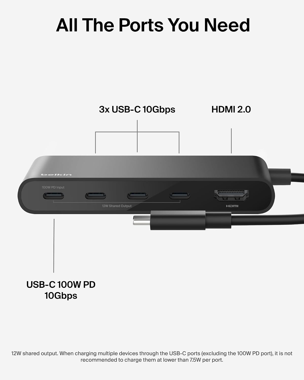 Belkin USB-C Hub, 5-Port Hub with 4K HDMI Display @ 60Hz, 100W Power Delivery, Fast Data Transfer 10Gbps, USB-C Multiport Adapter - Compatible with MacBook, iPad Pro, Chromebook, & More