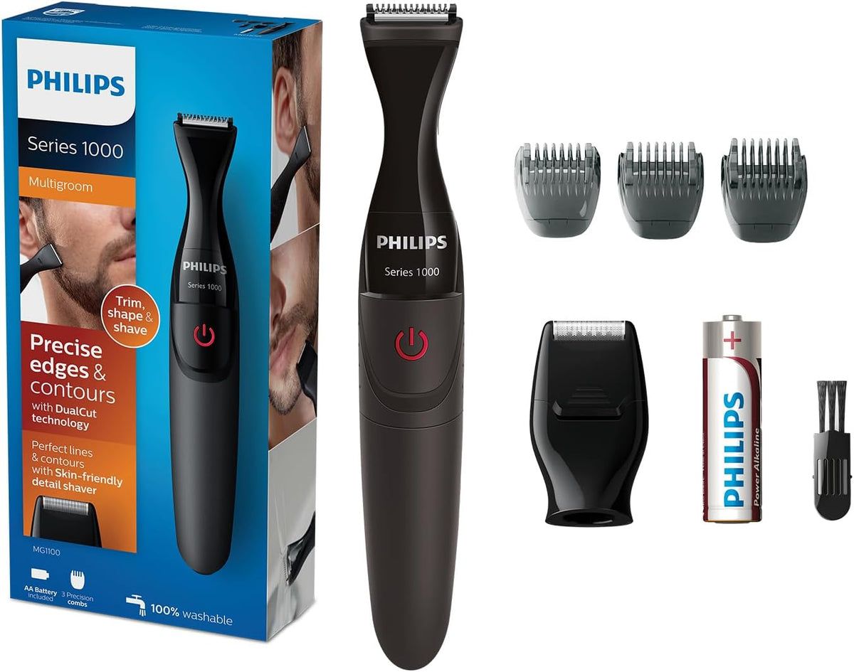 Philips Multigroom MG1100/16 — Ultra-Precise Beard Styler — 3 Precision Combs, Fully Washable — AA Battery Included — Black