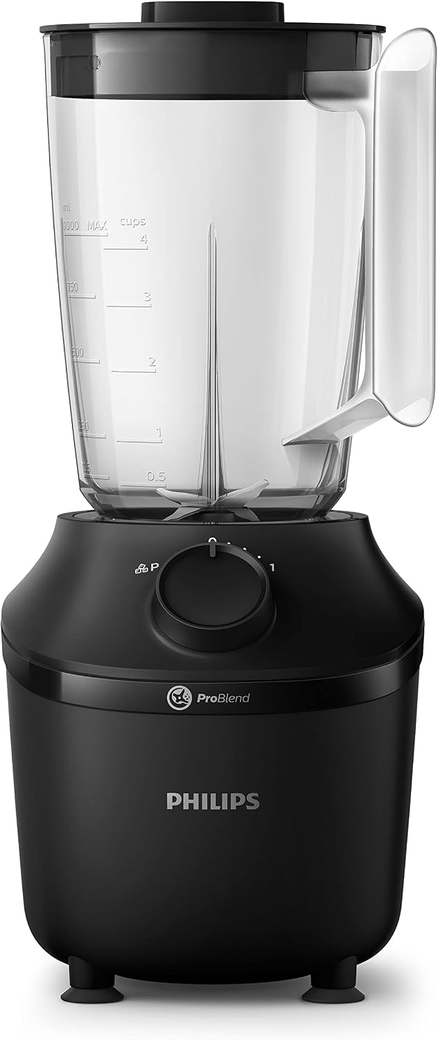 Philips Blender 3000 Series, ProBlend System, 1.9L Maximum Capacity, 1L Effective Capacity, 450W, 1 Speed Setting + Pulse, Plastic Jar, Black, (HR2041/01), Smooth blends with no lumps in 45 seconds — Black