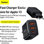 Baseus 30W USB-C PD Fast Charger, 1-Port Type-C & Dual-Port QC3.0 Wall Adapter EU Plug — 30W-EU-1C+2A — Black