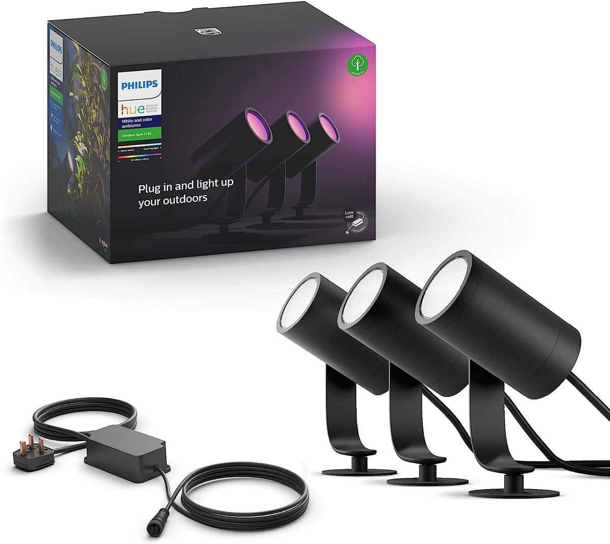 Philips Hue Lily White and Colour Ambiance Led 3X Spotlight Base Unit: Smart Outdoor Lighting for Garden, Works with Alexa, Google Assistant and Apple Homekit — Multicolor