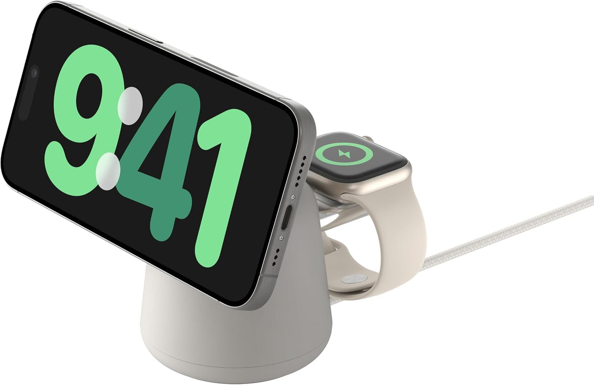 Belkin Fast Charge Pro 2-in-1 Wireless Charging Dock with MagSafe 15W Fast Charge iPhone Charger Compatible with iPhone 16, 15, 14, 13, and 12 Series, AirPods, and Other MagSafe Enabled Devices