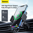 Baseus 15W Car Wireless Charger for Air Vent, Auto Clamping Car Phone Holder, Automatic Induction & Dynamic Lighting Car Phone Mount — Black