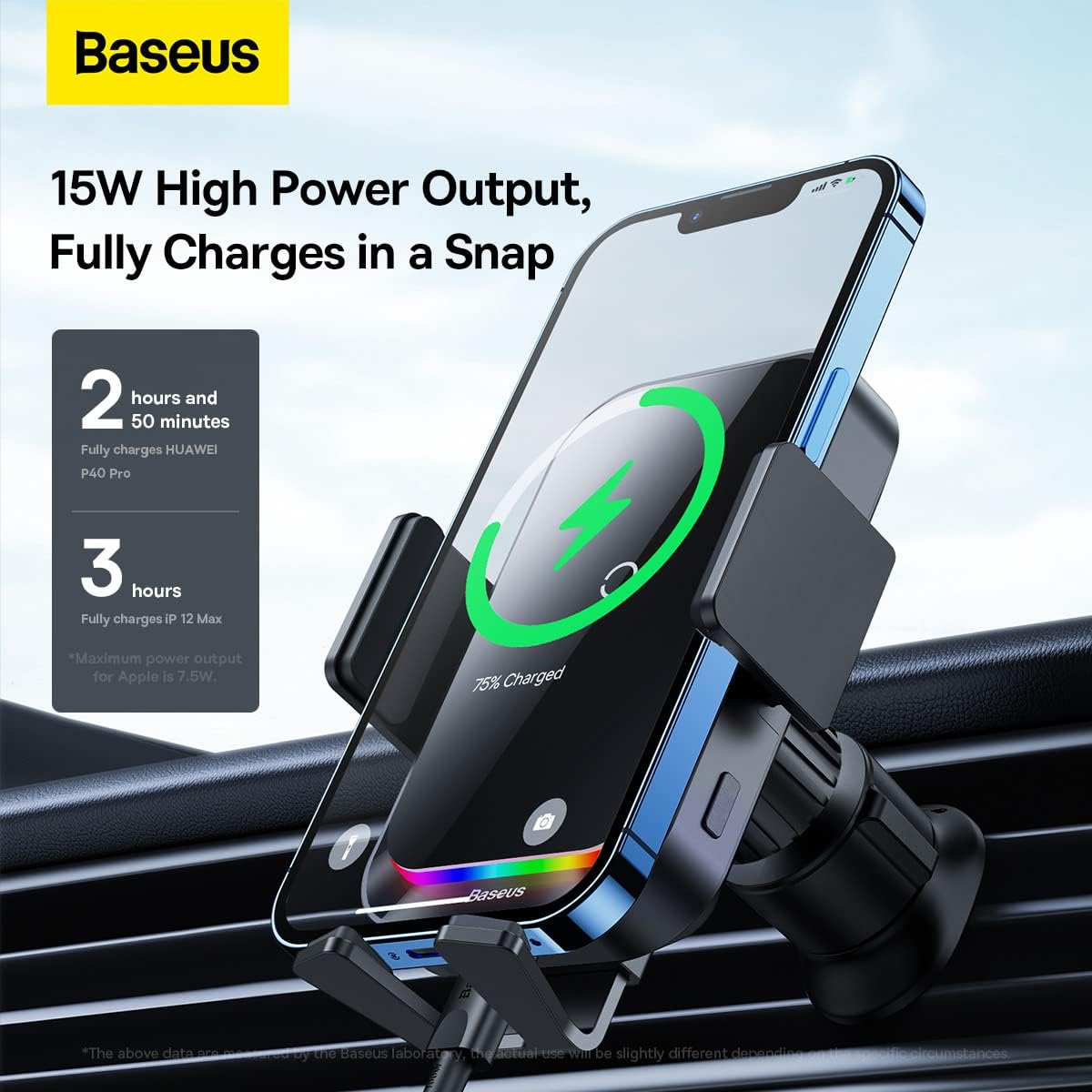 Baseus 15W Car Wireless Charger for Air Vent, Auto Clamping Car Phone Holder, Automatic Induction & Dynamic Lighting Car Phone Mount — Black
