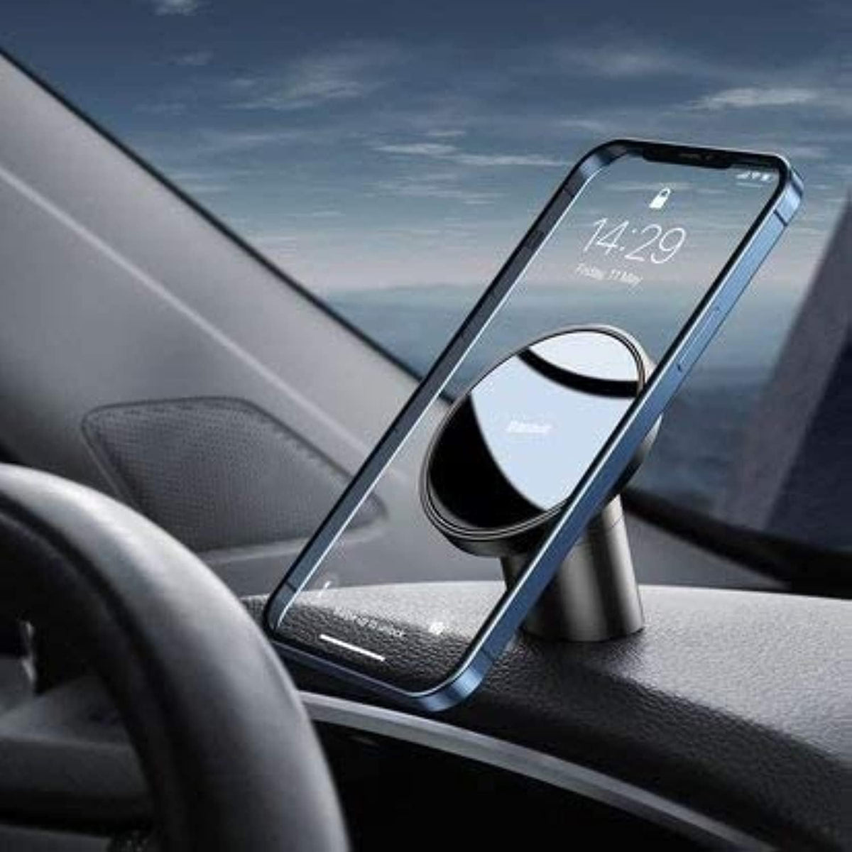 Baseus Magnetic Car Phone Holder for Dashboard & Air Vent With 1 Magnetic Ring Sticker, 360° Rotatable Strong Magnetic Cell Phone Mount — Black