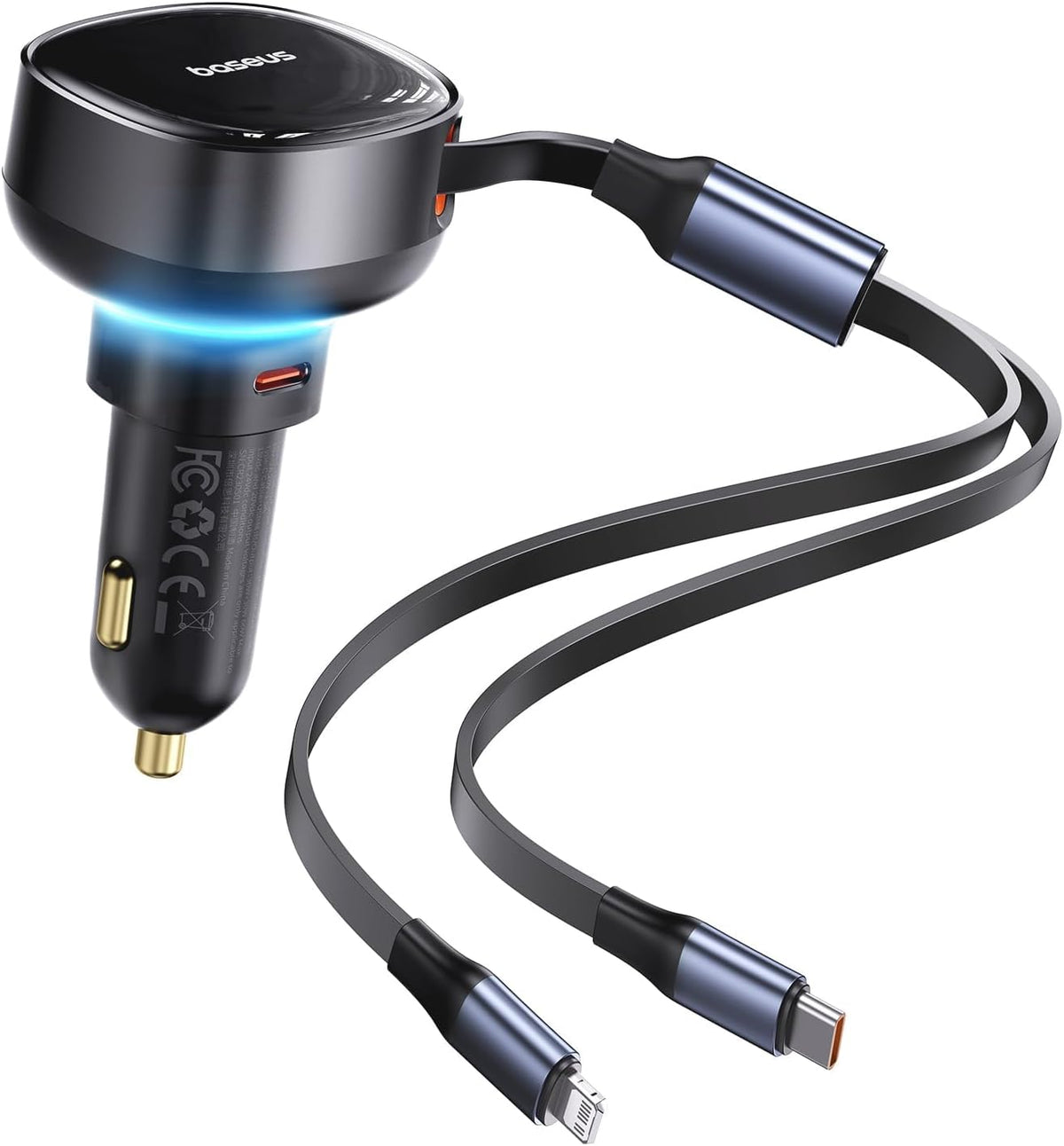 Baseus 60W USB C Car Charger, Retractable 3-in-1 Fast Car Charger, PD & QC 30W — Black