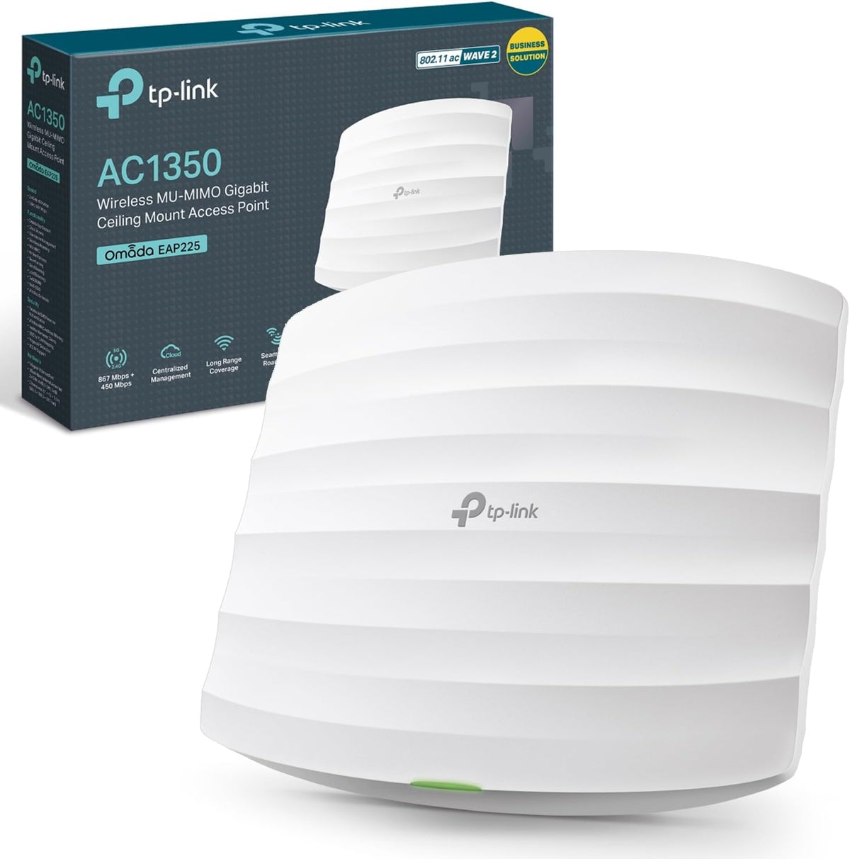 TP-Link AC1350 Wireless Access Point, Wi-Fi Dual Band with MU-MIMO, 1 Gigabit Ethernet Port Support 802.3af/at/24V Passive PoE, Support Multiple SSIDs, Easily Mount to Wall or Ceiling (EAP225)