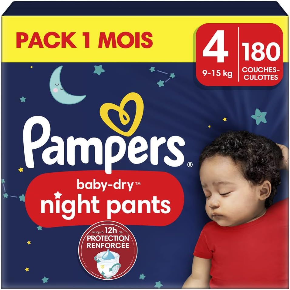 Pampers Night Nappies Pants Size 4 (9 kg-15 kg) Baby-Dry, Monthly Box, Nappy Panties Provide Additional Protection for the All Night, 180 Nappies