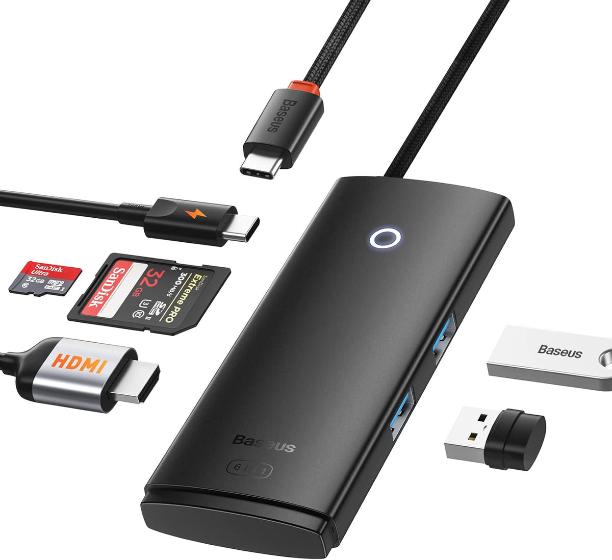 Baseus USB C Hub Multiport Adapter, USB C Dongle with 4K HDMI, 100W PD, 2*USB 3.0, SD/TF Card Slots, 6 in 1 Slim USB C Dock — Black