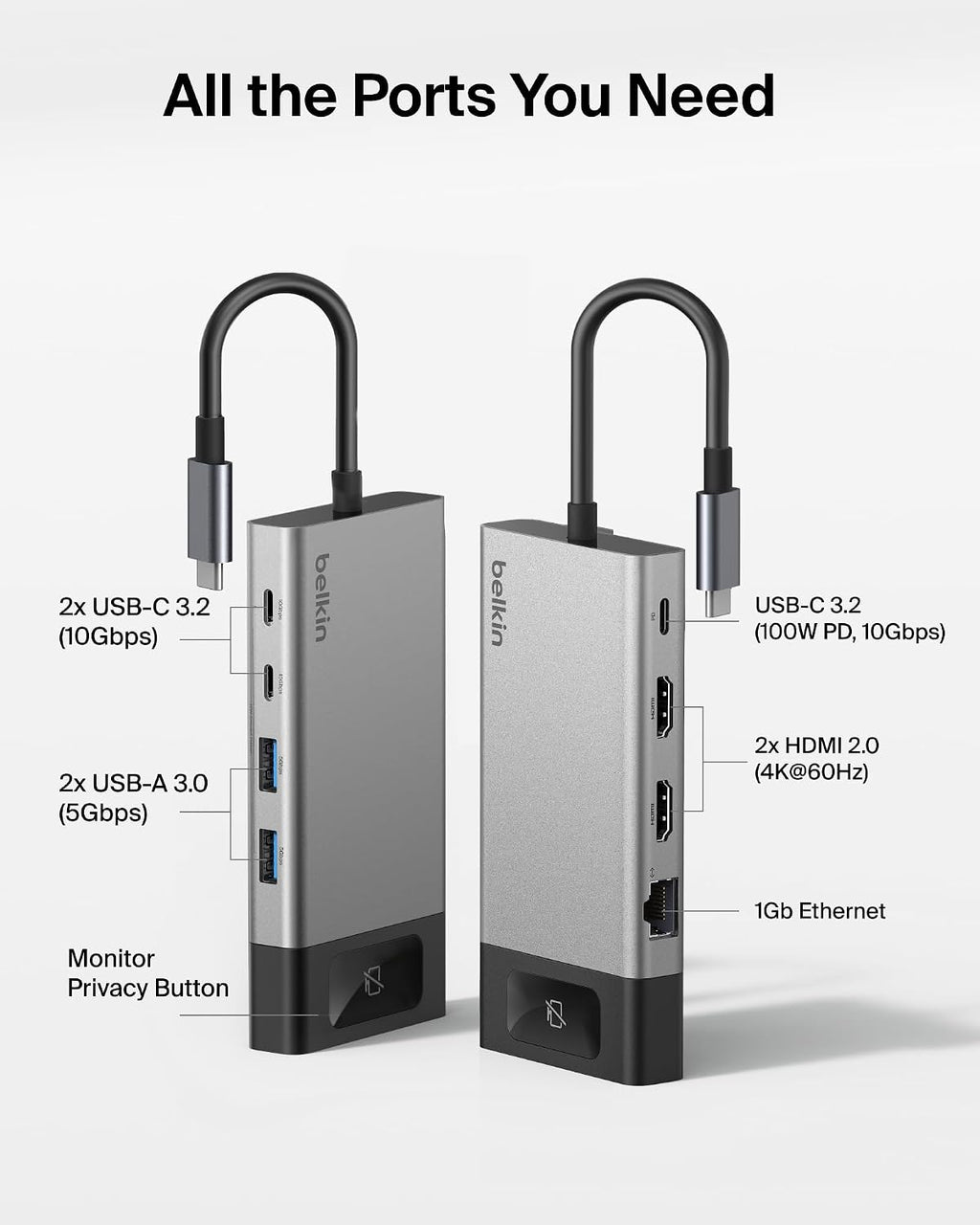 Belkin USB C Hub, 8-in-1 Multi-Port Docking Station 100W - Dual Display Support for Mac, Windows and Chromebook w/ 10Gbps Data Transfer Speeds, Ethernet, Resolutions up to 4K@60Hz