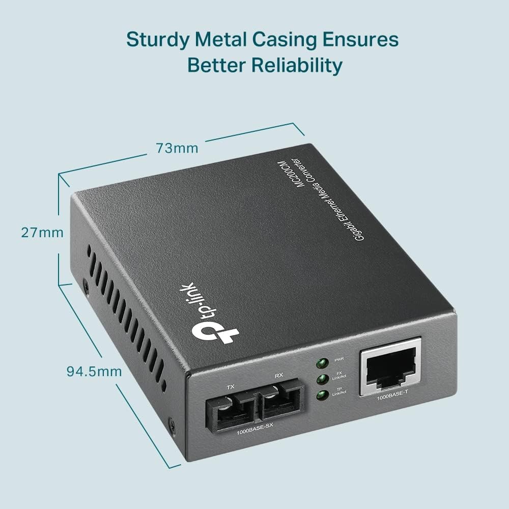 TP-Link MC200CM Gigabit Ethernet media converter, 2 SC fiber ports, 1 RJ45 port, multimode fiber, transmission distance 550m