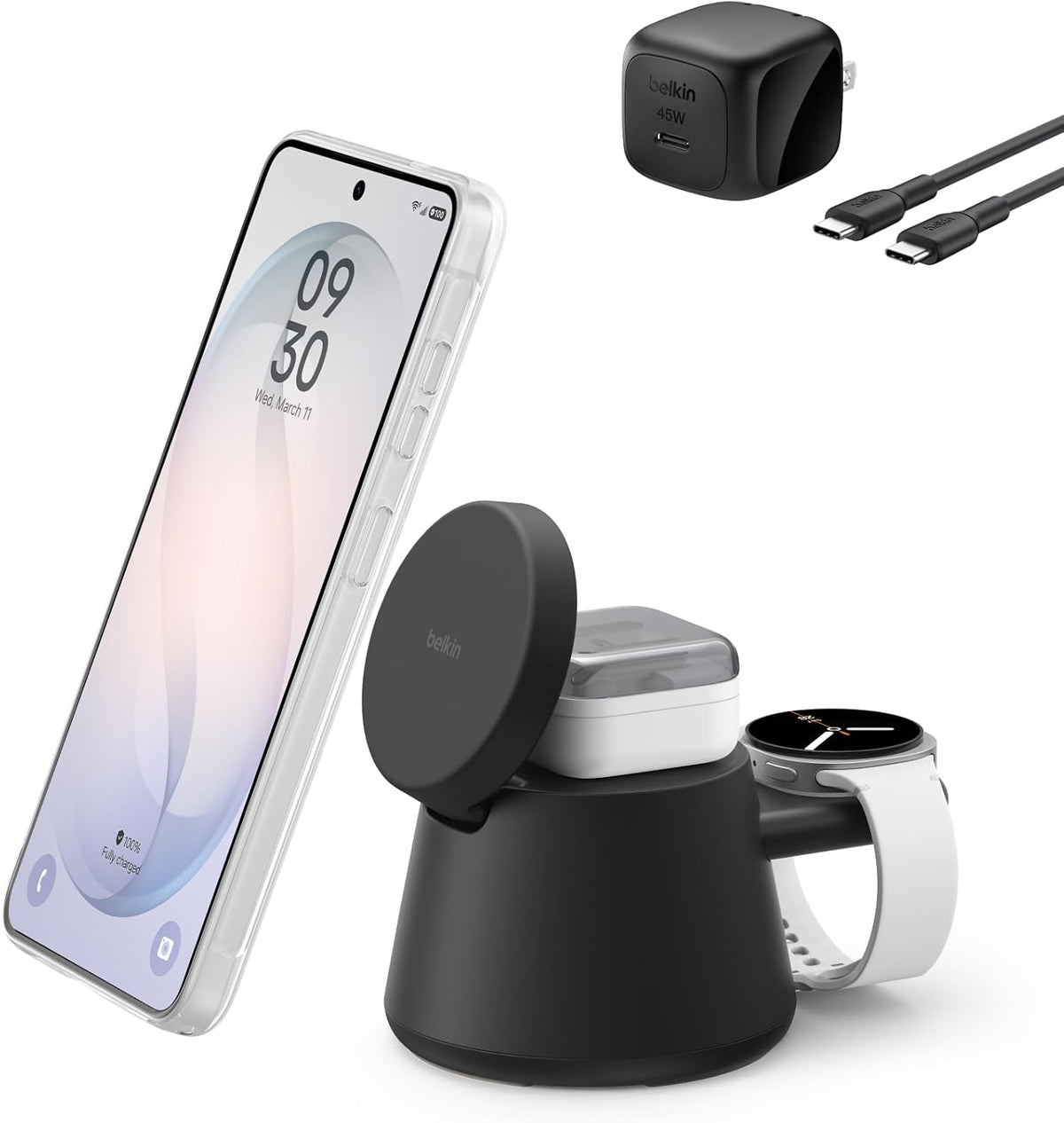 Belkin 3-in-1 Wireless Charging Station for Samsung Galaxy S26, Android - Qi2.2 25W Magnetic Charger for Pixel 10, iPhone 17, USB C Port for Galaxy, Pixel, & Apple Watch (Watch Charger Not Included)