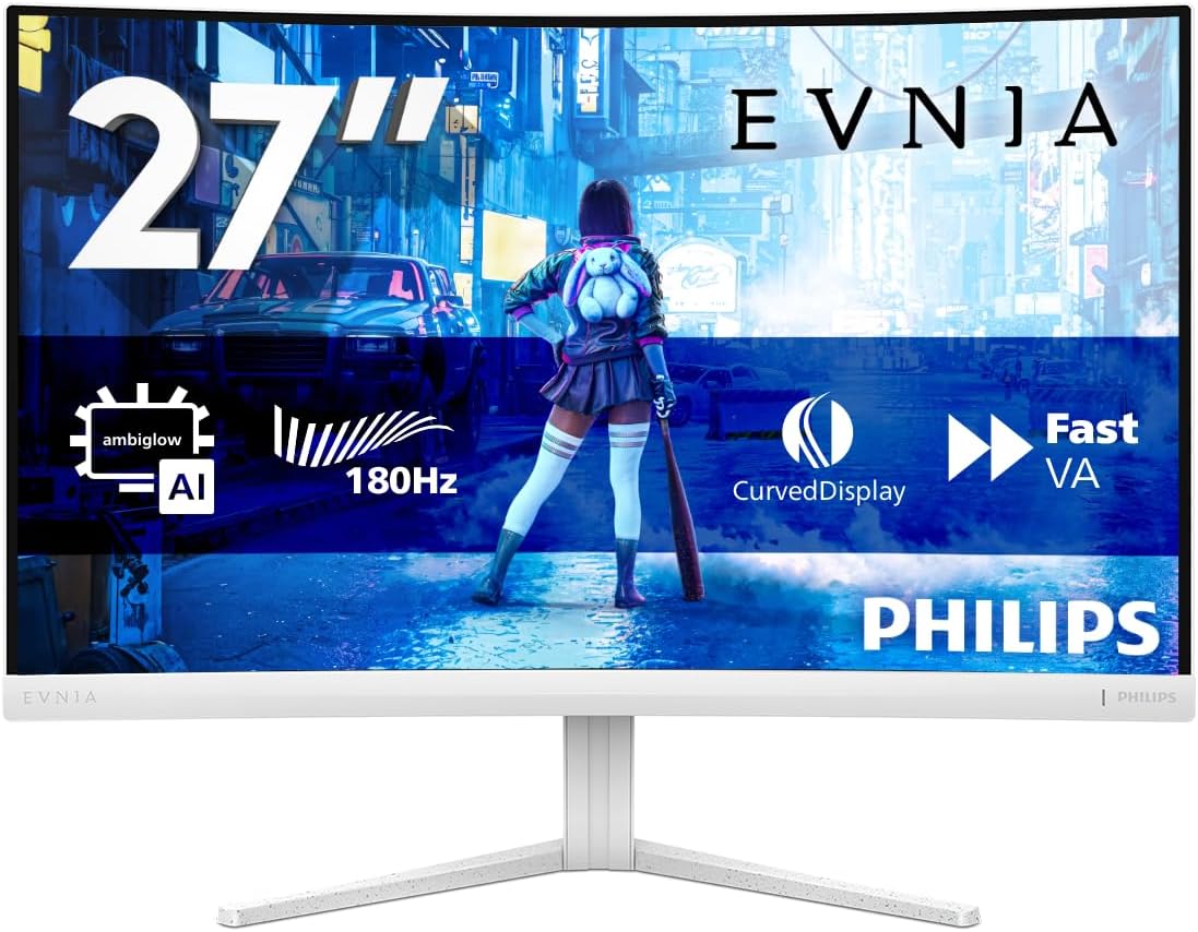 Philips Evnia 27M2C5201L - 27 inch FHD Curved Gaming Monitor, 180 Hz, 1 ms GtG, FreeSync Prem. (1920x1080, 2x HDMI 2.0, 1x DP 1.4) white — White
