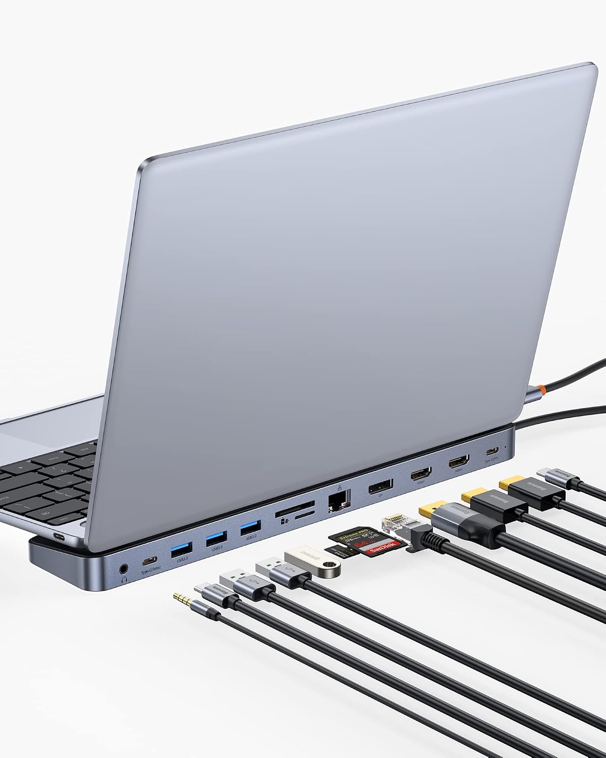 Baseus 12-in-1 Triple-Monitor USB-C Docking Station — 2 HDMI and DisplayPort — Silver