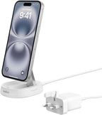 Belkin Fast Charge Pro 15W convertible magnetic wireless charging stand, MagSafe compatible fast Qi2 wireless charger, magnetic fast charger for iPhone 16/15/14/13, AirPods Pro, 20W plug incl. - White