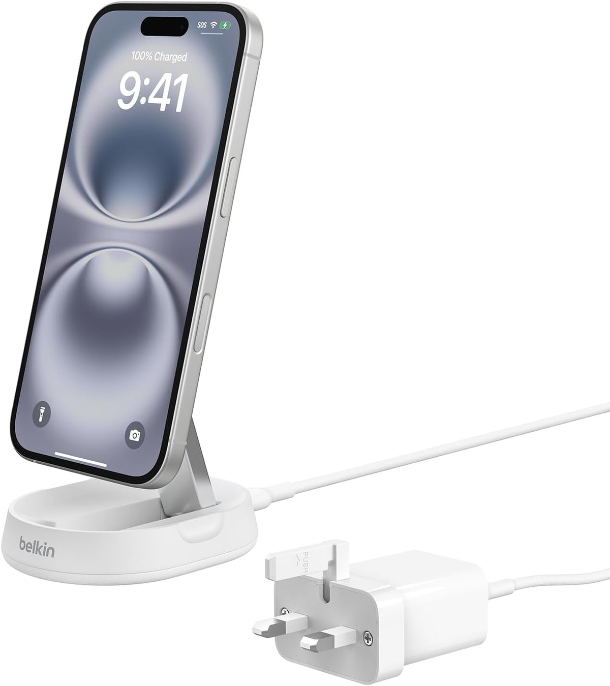 Belkin Fast Charge Pro 15W convertible magnetic wireless charging stand, MagSafe compatible fast Qi2 wireless charger, magnetic fast charger for iPhone 16/15/14/13, AirPods Pro, 20W plug incl. - White