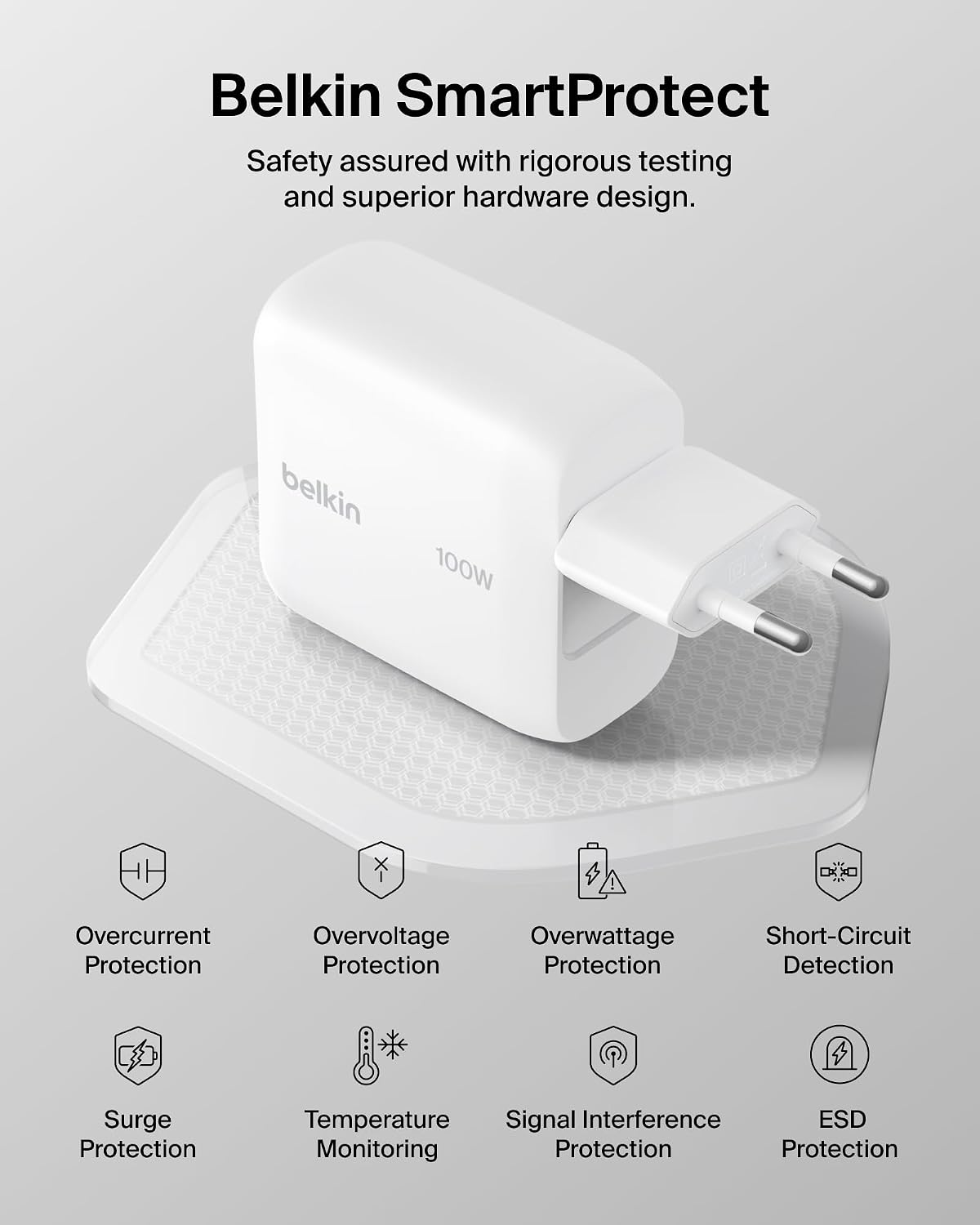 Belkin BoostCharge USB C Plug Charger 100W, GaN Compact and Foldable Plug Charger, Fast Charging for iPhone 17, Samsung Galaxy S26, Pixel 10, Tablet, MacBook - 1.5m USB C Cable Included - White