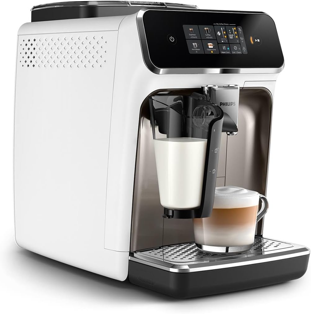 Philips 2300-Series Fully Automatic Espresso Machine - 4 Drinks, Modern Color Touch Screen, LatteGo Milking System, SilentBrew, Ceramic Mill, AquaClean Filter. White Chrome (EP2333/40) — White & Chrome