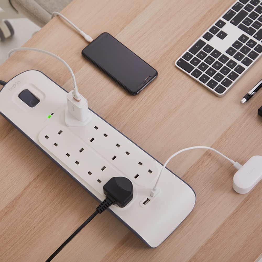 Belkin 8 Way/8 Plug Surge Protection Strip With 2 Meters Cord Length - Heavy Duty Electrical Extension Socket With 2 X 2.4 A Shared USB Ports