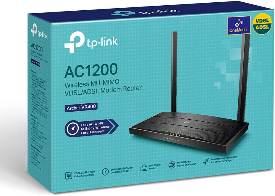 TP-Link Archer VR400-AC1200 Wireless Gigabit VDSL/ADSL Modem Router, Black