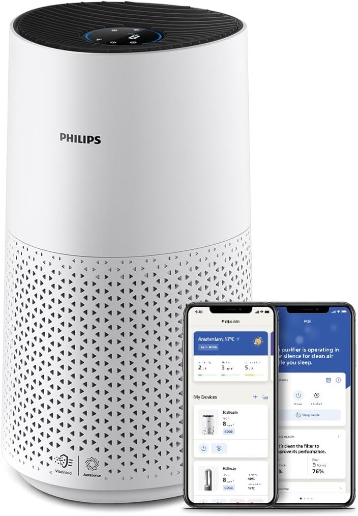 Philips Domestic Appliances Air Purifier Smart 1000i Series-Purifies rooms up to 78 m²-Removes 99.97% of Pollen, Dust –Wi-Fi Connectivity-Ultra-quiet and Low energy consumption–AC1715/10, White — White