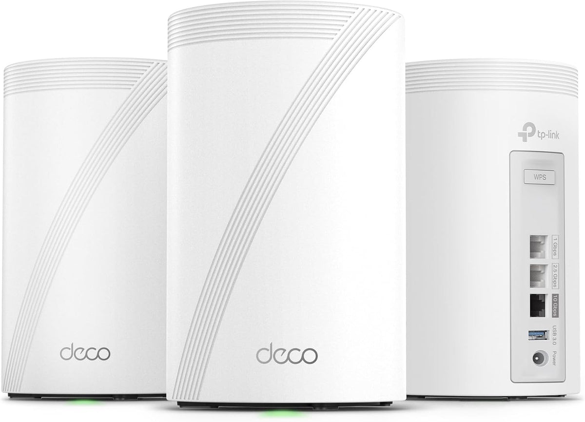 TP-Link Deco BE67 Tri-Band WiFi 7 BE14000 Whole Home Mesh System | 8-Stream 14Gbps | 1×10G+1×2.5G Multi-gig Wired Backhaul | Up to 8100 Sq.ft | VPN, HomeShield, MLO, 320 MHz, AI-Roaming (3-Pack)