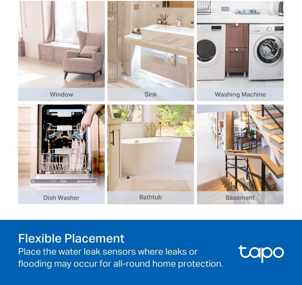 Tapo TP-Link T300 Smart Water Leak Sensor with Dripping Detection, Up to 90 dB Alarm with one-Touch, Instant App Notification, IP67 Waterproof, Hub Required Sold separetly