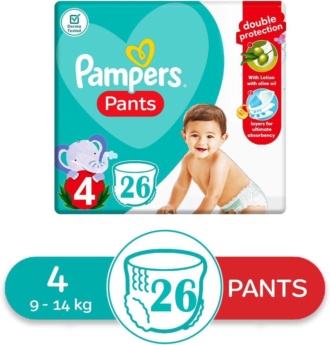 Pampers Baby Dry Pants, Size 4, 9-14 kg, Baby lotion with Olive Oil, 104 Diapers
