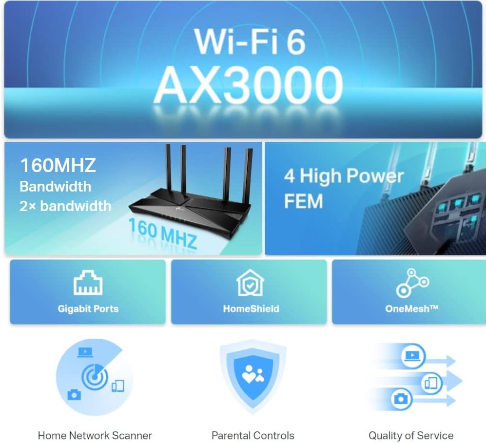 TP-Link WiFi 6 OneMesh AX3000 Mbps Gigabit VPN Router, Dual-Core CPU Fibre, WPA3 Cybersecurity, Ideal for Gaming Xbox/PS4/Steam, Compatible With Alexa (Archer AX53)