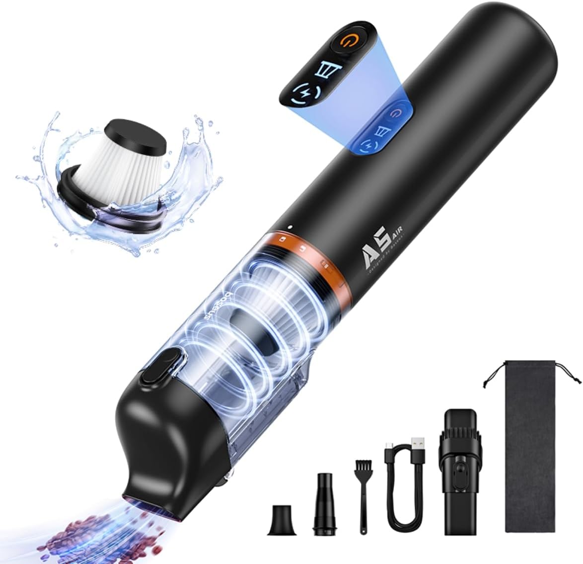 Baseus A5 Handheld Vacuum Cleaner, 16000Pa Cordless Suction, 130W Brushless Motor, 7500mAh Battery, USB-C Charging, HEPA Filter, for Car, Home, Office (Black) — 16000Pa-A5 — Black