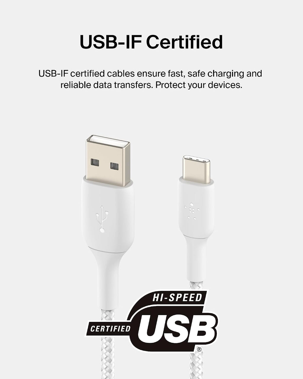 Belkin Fast Charge Braided USB C charger cable, USB-C to USB-A cable, USB type C charging cable for iPhone 15, Samsung Galaxy S23, Google Pixel, iPad, MacBook, Nintendo Switch and more - 1m, White