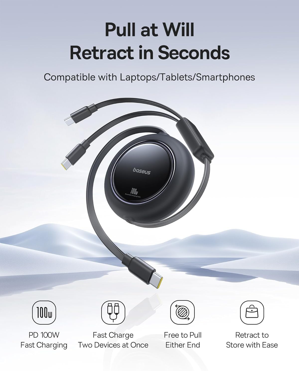 Baseus Retractable USB C Cable 4ft, Single Port Max 100W 2 in 1 USBC to USBC Multi Fast Charging Cable, 5 Length Presets, Type C Charger Cord — 4 Feet — Black