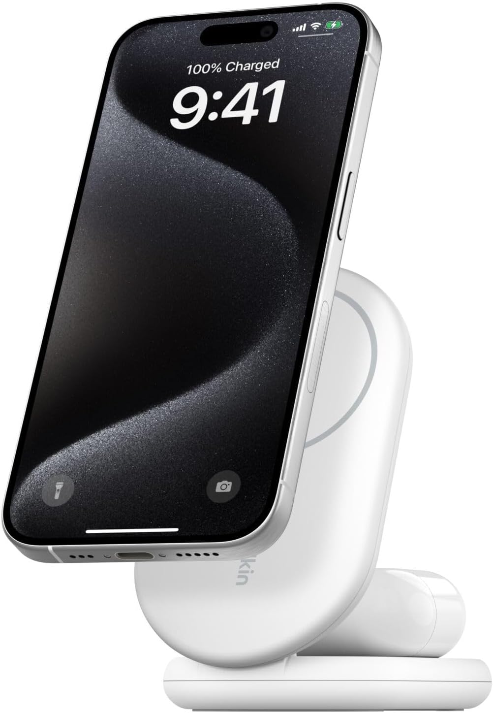 Belkin BoostCharge Magnetic Foldable Qi2 Charger 2 in 1 Power 15W MagSafe Compatible Wireless Charger for Apple iPhone 16/15/14/13 with Non-slip Base, Power Supply Included - White