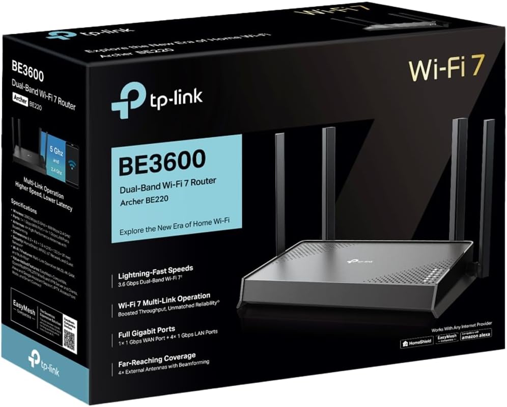 TP-Link Wi-Fi 7 Router Archer BE220, Dual-Band WLAN 3570 Mbps, Gigabit Port, USB 3.0, MLO, EasyMesh, VPN Clients and Servers, WPA3, HomeShield, Alexa and Google Assistant Compatibility