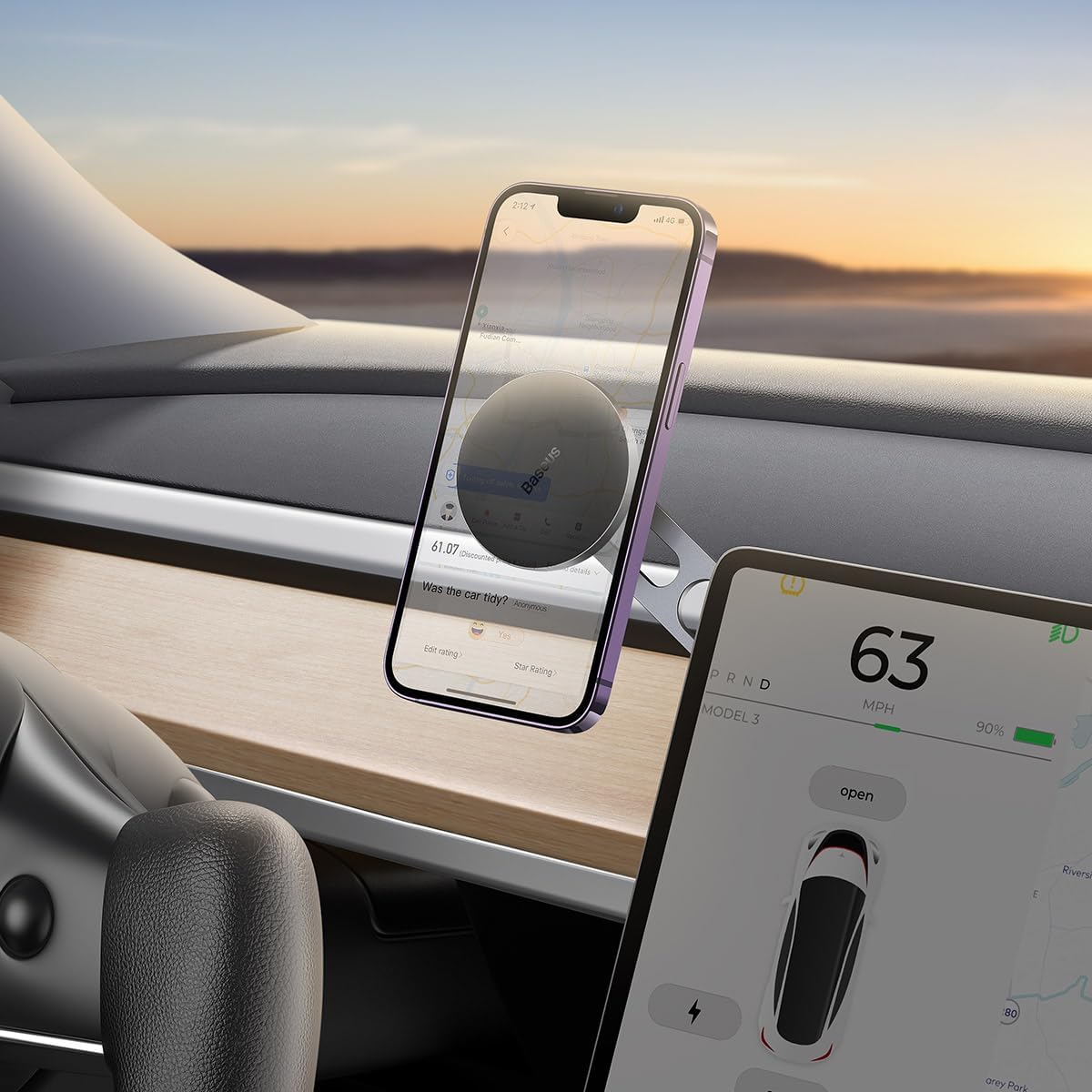 Baseus Magnetic Car Phone Holder for Tesla Car Screen, Dashboard & Center Console, 360° Rotation Car Phone Mount — 360°-Magnetic-T Space — Silver