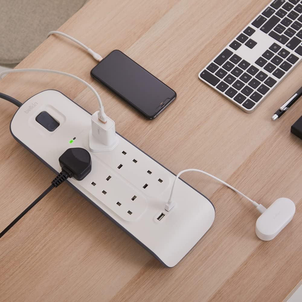 Belkin 6 Way/6 Plug Surge Protection Strip With 2 Meters Cord Length - Heavy Duty Electrical Extension Socket With 2 X 2.4 A Shared Usb Ports