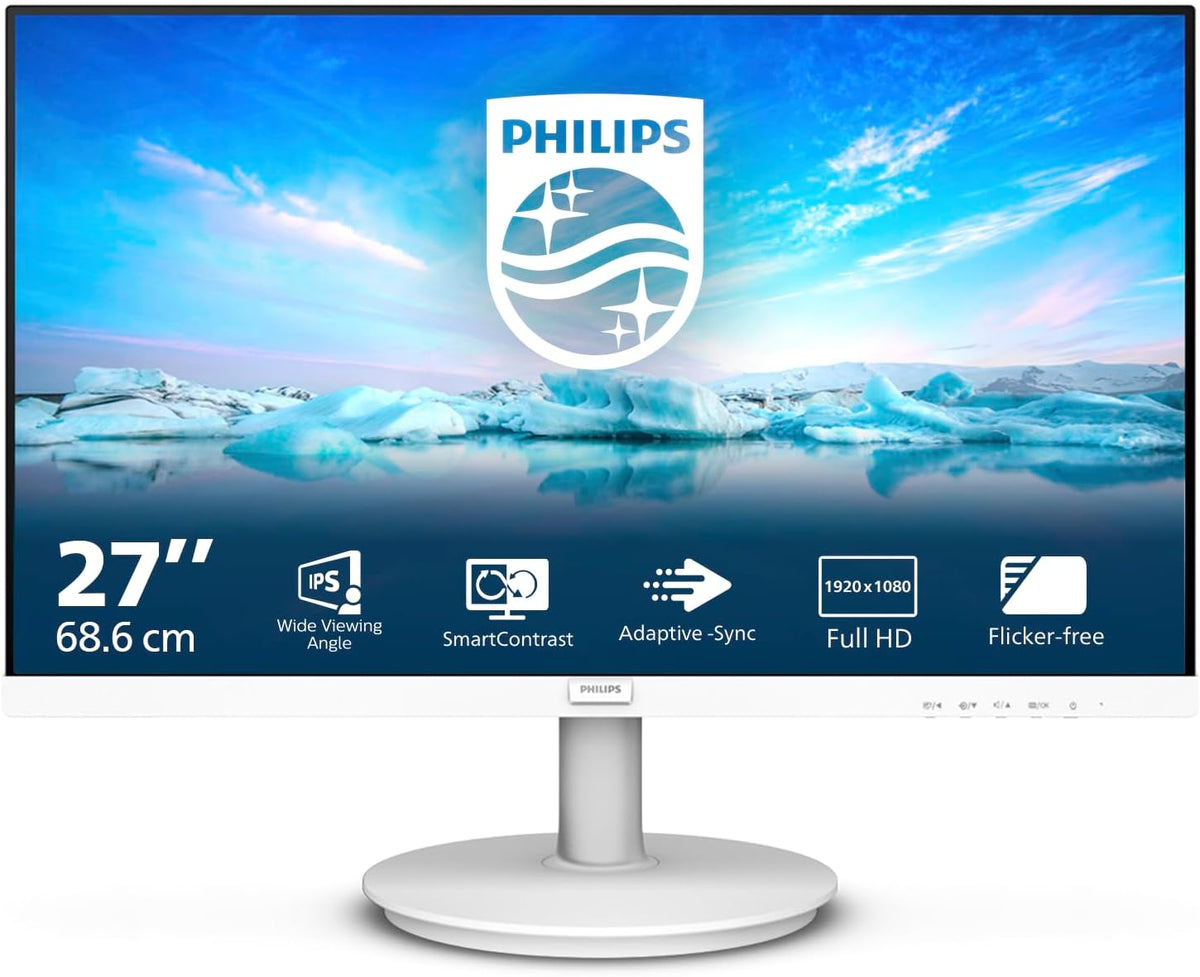 Philips 271V8AW- 27 Inch FHD White Monitor, 75Hz, 4ms, VA, Speakers, AdaptiveSync, Flickerfree, Anti-Glare (1920 x 1080, 250 cd/m², HDMI) — schwarz