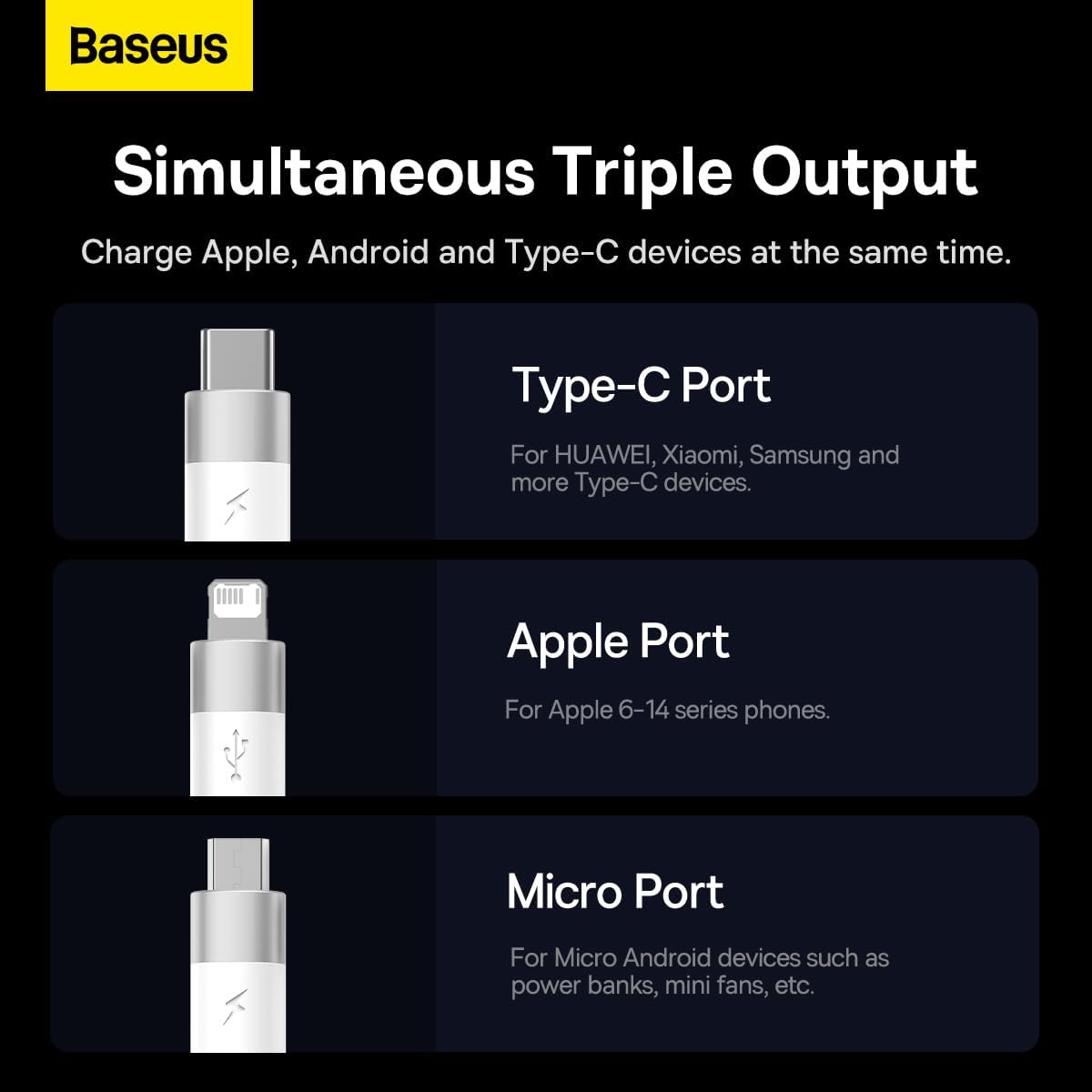 Baseus StarSpeed USB-A to Lightning / Micro-USB / USB-C Cable 3.5A — 1.2m — White