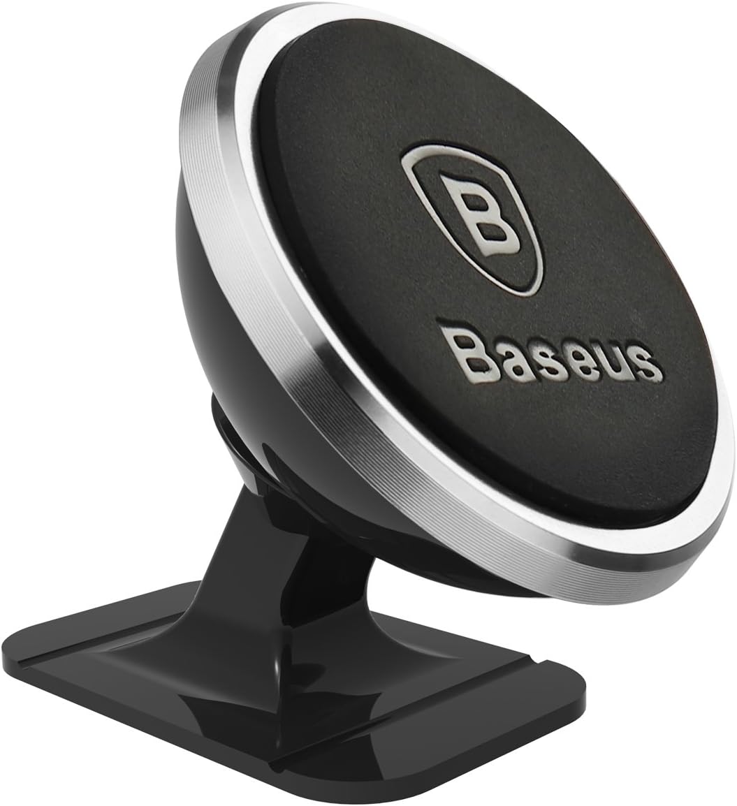 Baseus 360° Adjustable Magnetic Car Phone Holder | Universal Stick-On Dashboard Mount & Mini Mobile Stand | Aluminum Alloy Magnetic Magnet — 360°Rotation- Small — Silver