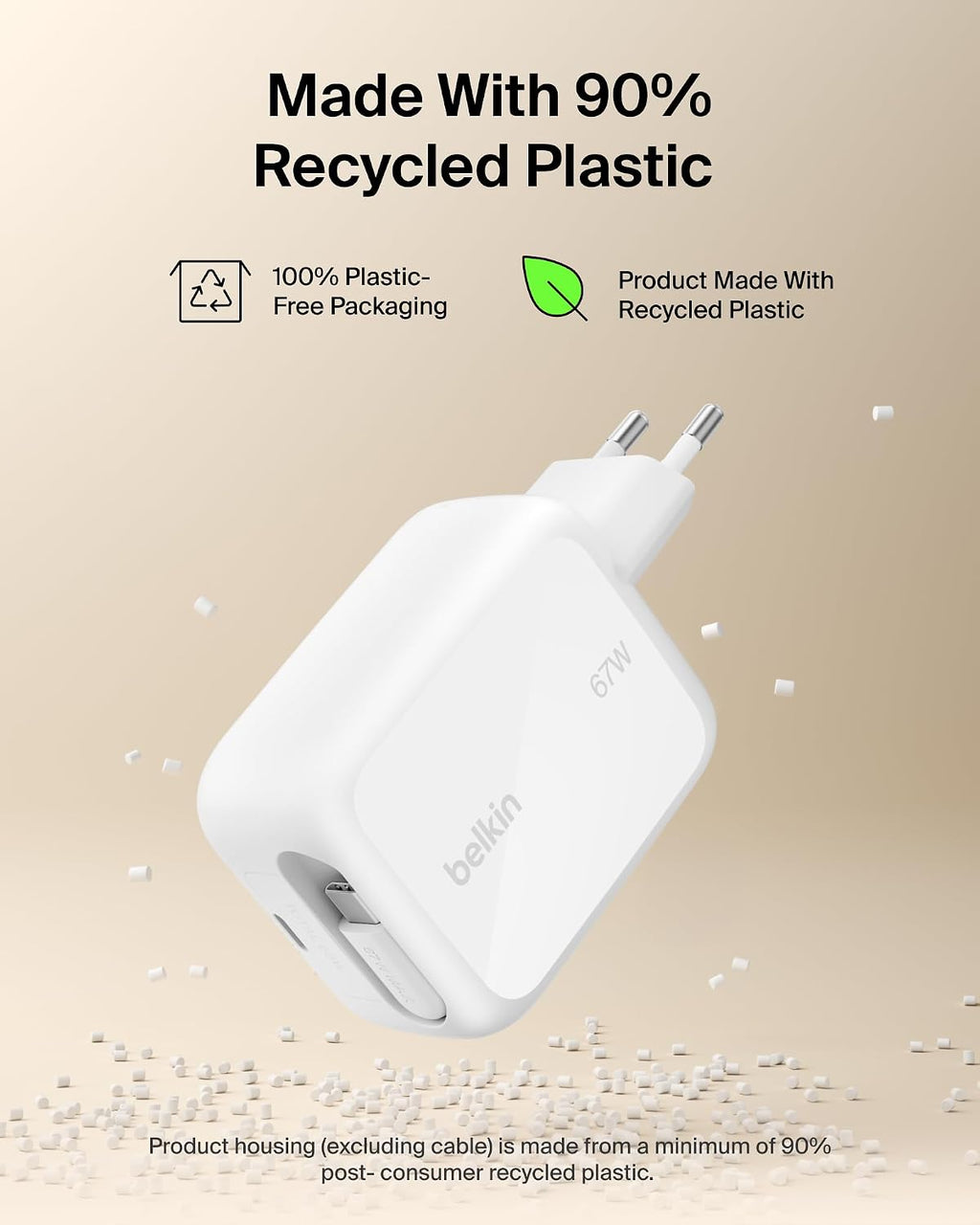 Belkin USB-C Charger Plug 67W with 3.3ft Retractable USB C Cable & Type C Port - GaN iPhone Charger, Fast Charging for iPhone 17 & 16 Series, Galaxy S26 Series, AirPods, Tablet, MacBook, Chromebook