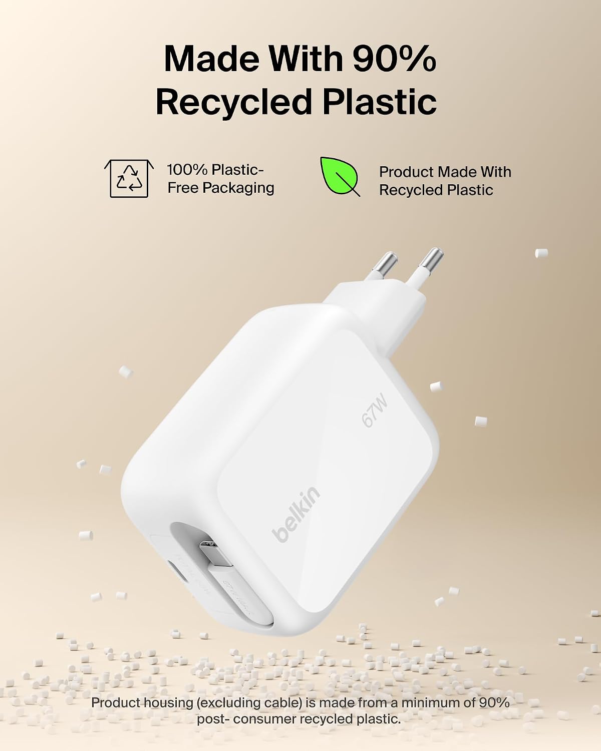 Belkin USB-C Charger Plug 67W with 3.3ft Retractable USB C Cable & Type C Port - GaN iPhone Charger, Fast Charging for iPhone 17 & 16 Series, Galaxy S26 Series, AirPods, Tablet, MacBook, Chromebook