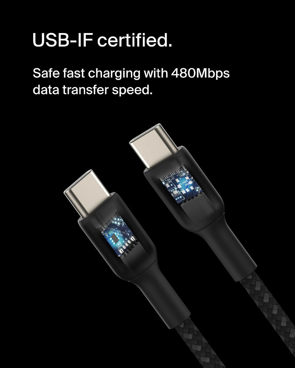 Belkin Fast Charge (0.5ft) Braided USB-C to USB-C Cable for iPhone 16, iPhone 16 Pro, iPhone 16 Pro Max, iPhone 16 Plus, iPhone 15, Galaxy S24, S23, Note10, Pixel 9, Pixel 8, iPad Pro & More - Black