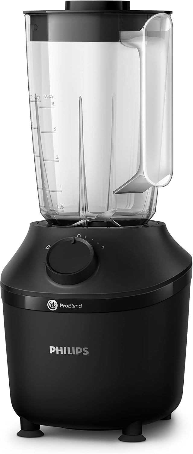 Philips Blender 3000 Series, ProBlend System, 1.9L Maximum Capacity, 1L Effective Capacity, 450W, 1 Speed Setting + Pulse, Plastic Jar, Black, (HR2041/01), Smooth blends with no lumps in 45 seconds — Black