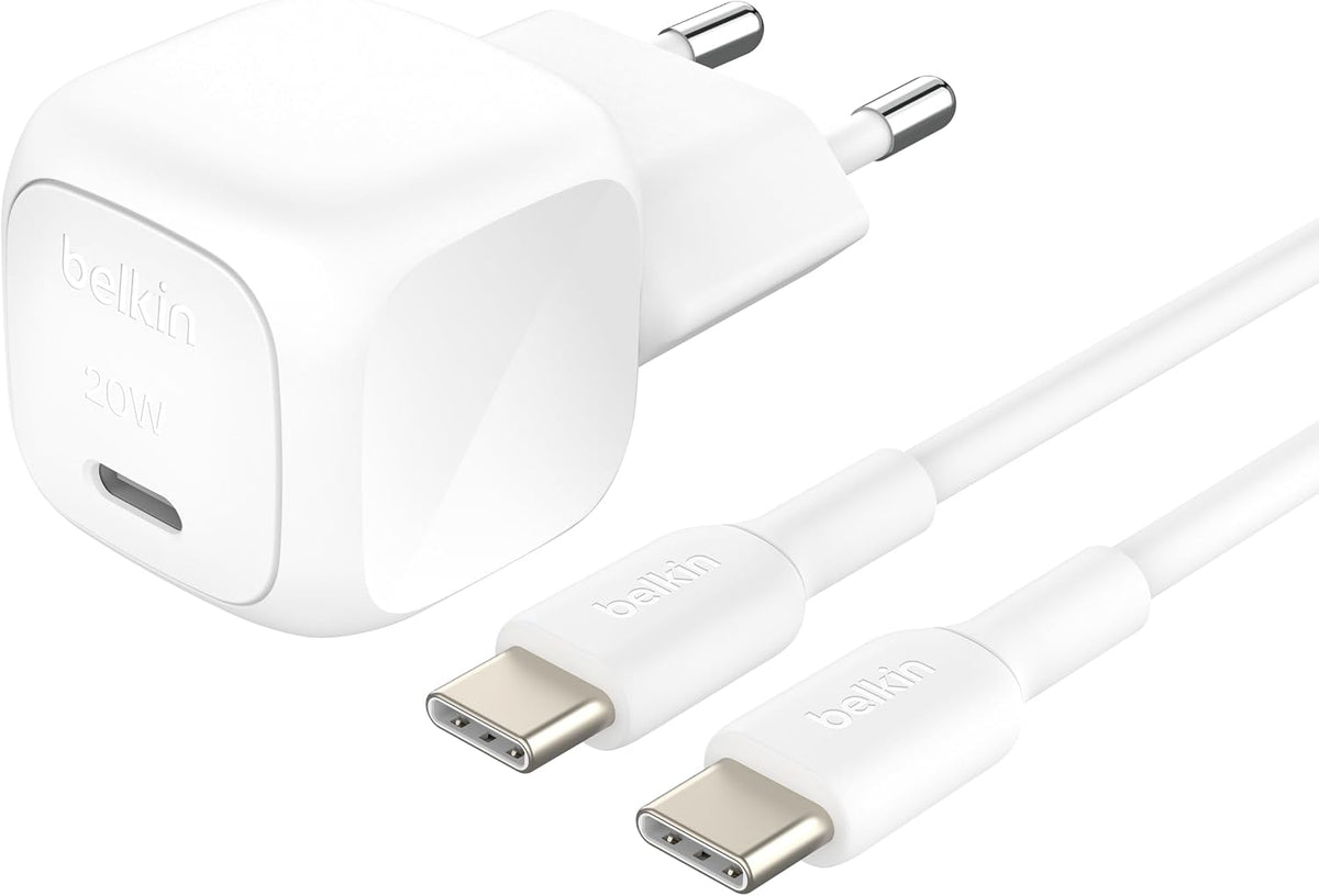 Belkin BoostCharge Compact Charger (20W) USB-C Power Delivery Fast Charger Power Supply for Apple iPhone 16, Samsung Galaxy S25, iPad, AirPods etc. Includes USB-C Cable - White