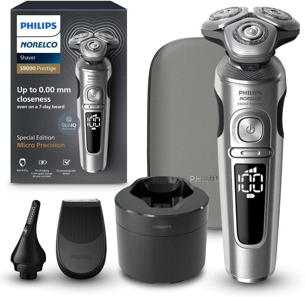 Philips Norelco Shaver Series 9000 Prestige Special Edition, Wet & Dry Electric Shaver, Lift/Cut & SenseIQ Technology, Nose & Precision Trimmer, Qi Pad, Cleaning Pod & Premium Case, SP9842/85 — Bright Chrome