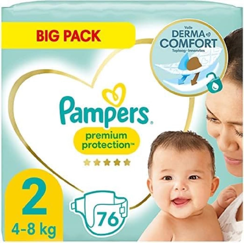 Pampers Premium Protection Size 2, 76 Nappies, 4 kg - 8 kg, Pampers Best Comfort and Protection for Sensitive Skin