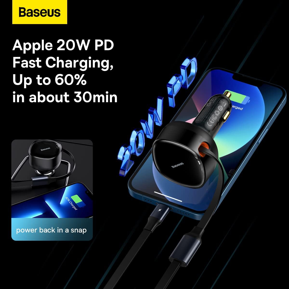 Baseus Enjoyment 30W Retractable 2-in-1 Car Charger, Fast Charging with Built-in Lightning & Type-C Cable, PD & QC 3.0, for 12V-24V Cars (Black) — Black