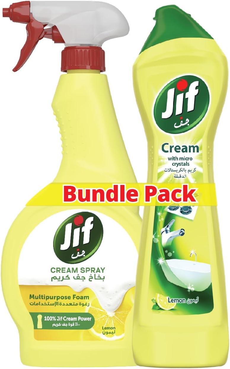 JIF Cream Cleaner, with Micro Crystals Technology, Lemon Scent, Burnt Food and Limescale Stains, 500ml + JIF Multipurpose Foaming Spray Cleaner, Lemon Scent, for 100% Stain and Grease Removal, 500ml — front product image